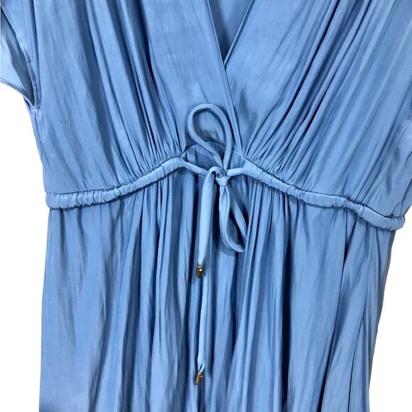 Maje Satin V-Neck Drawstring Waist Mini Dress in Light Blue Size Large - Picture 3 of 8